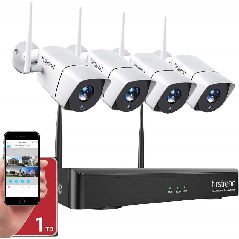 Security Camera System Wireless,Firstrend 1080P 8CH Wireless Home Security Systems with 4pcs 2MP Full HD Cameras 1TB HDD Night V