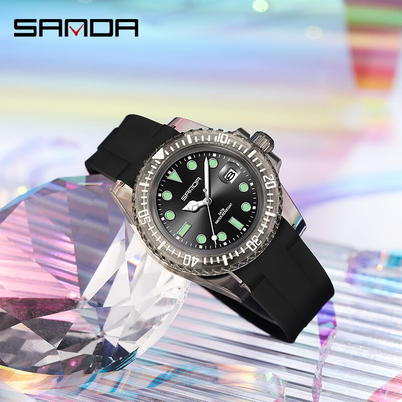 SANDA Brand Luxury Men's Silicone Sports Wrist Watch 50M Waterproof Date Calendar Business Quartz Watches Relogio Masculino 9007
