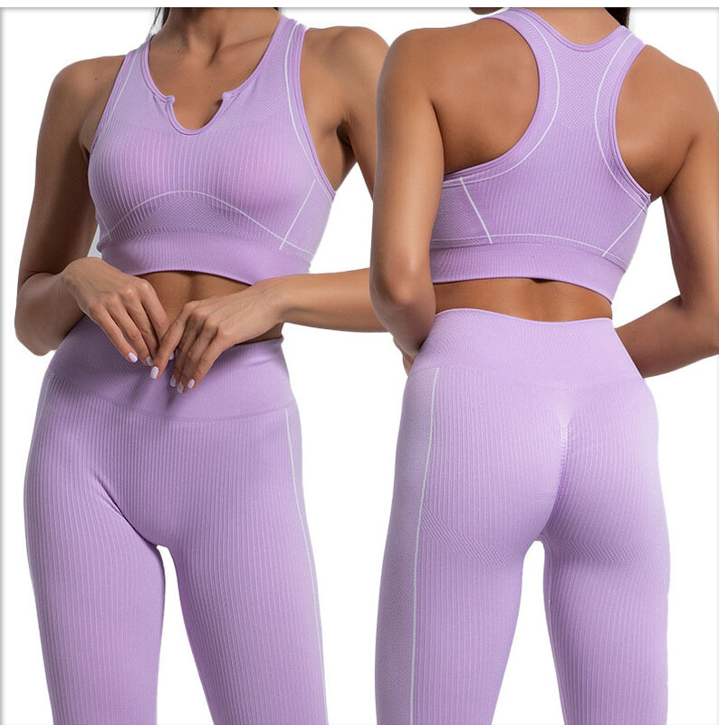 Seamless Knitted Racerback Sports Set para mulheres, regata, leggings listradas, cintura alta, terno de fitness, novo