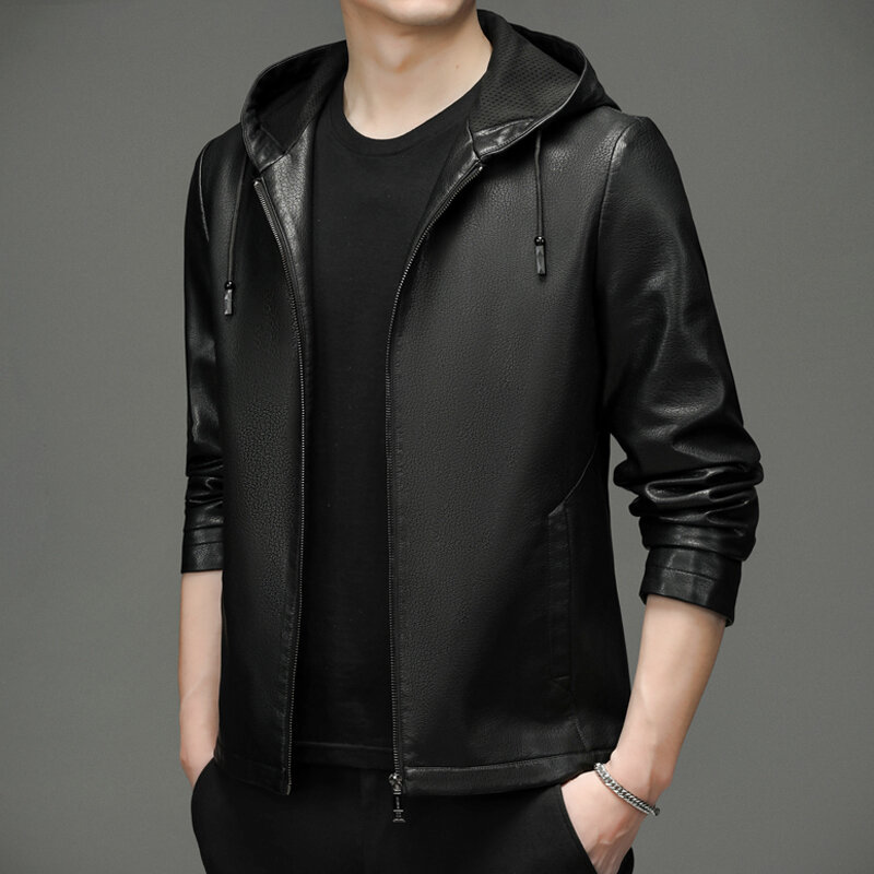 Genuine Leather Clothes Boys Solid Color Jacket Casual Hooded Motorcycle Leather Jacket Men's Slim Youth Thin Jacket Fashion
