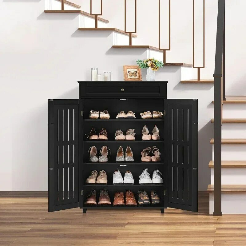 Shoe Cabinet, 5-Tier Shoe Rack Organizer with 1 Drawer, Freestanding Wooden Shoe Storage Cabinet with 2 Louvered Door, Black