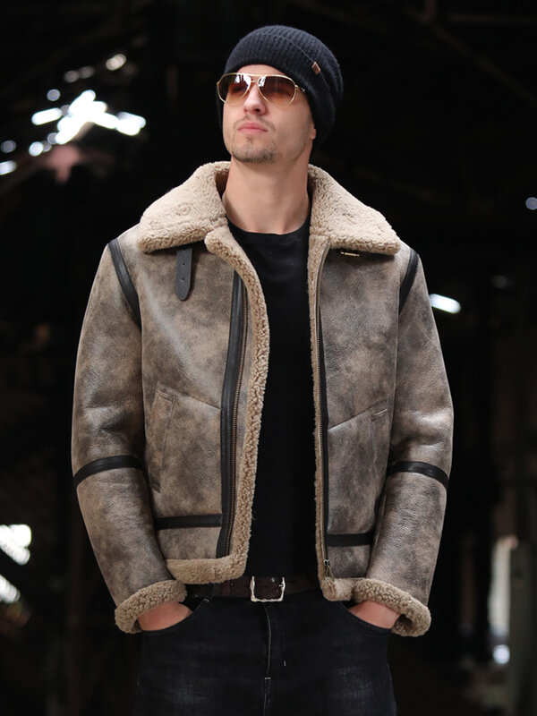 Jaket kulit dan bulu pria, pakaian musim dingin pria B3 jaket hangat pendek dengan kerah berdiri, jaket kulit asli F