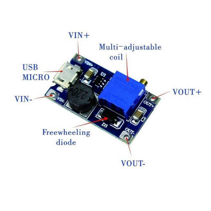 Módulo de amplificación ajustable MT3608, DC-DC, 2a DC, Micro USB, 2V-24V a 5V, 9V, 12V, 28V