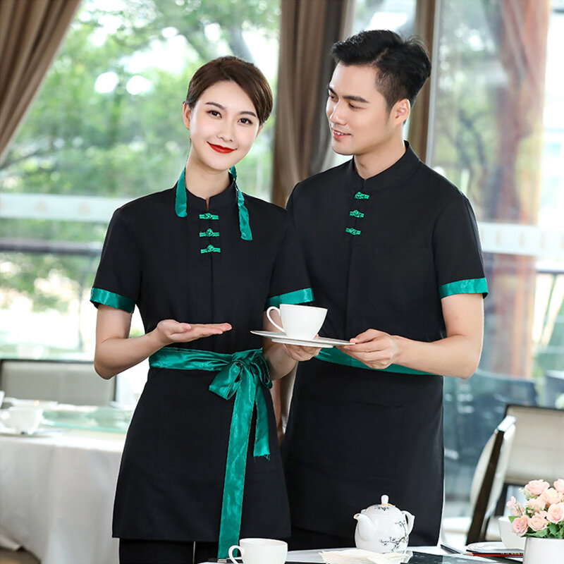 Avental uniforme do hotel 2pce terno restaurante garçom macacões serviço de catering casa de chá café estilo chinês roupas trabalho avental
