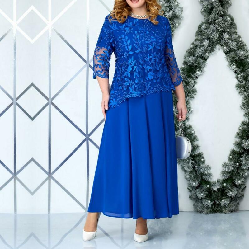 Plus Size Long Dress Elegant Plus Size Maxi Dress with Flower Embroidery Lace Detail Three Quarter Sleeve O Neck Fake Two-piece