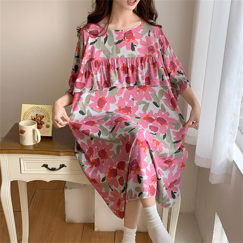 Ladies Loose Short-sleeved Floral Printed Nightdress Summer Women Sleepwear Casual Thin Nightgowns Breathable Viscose Homewear