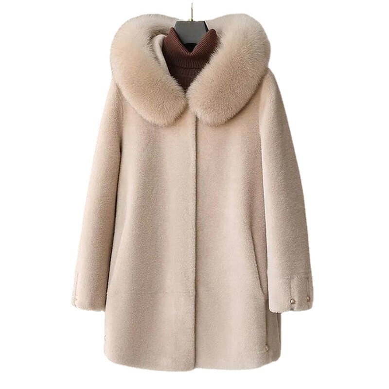 Mantel bulu domba wanita untuk wanita 2024 pakaian musim dingin bertudung mantel bulu asli jaket wol wanita jaket wanita E618