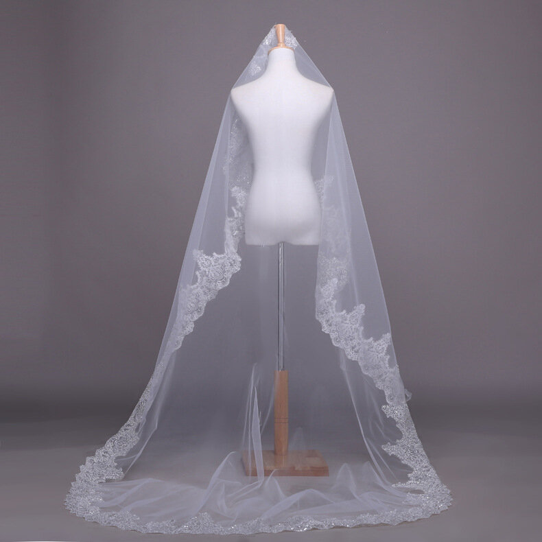 غطاء رأس للعروس أبيض مع دانتيل وترتر ، حافة دانتيل ، وشاح رأس ذيل العروس 3 أمتار ، طويل وناعم