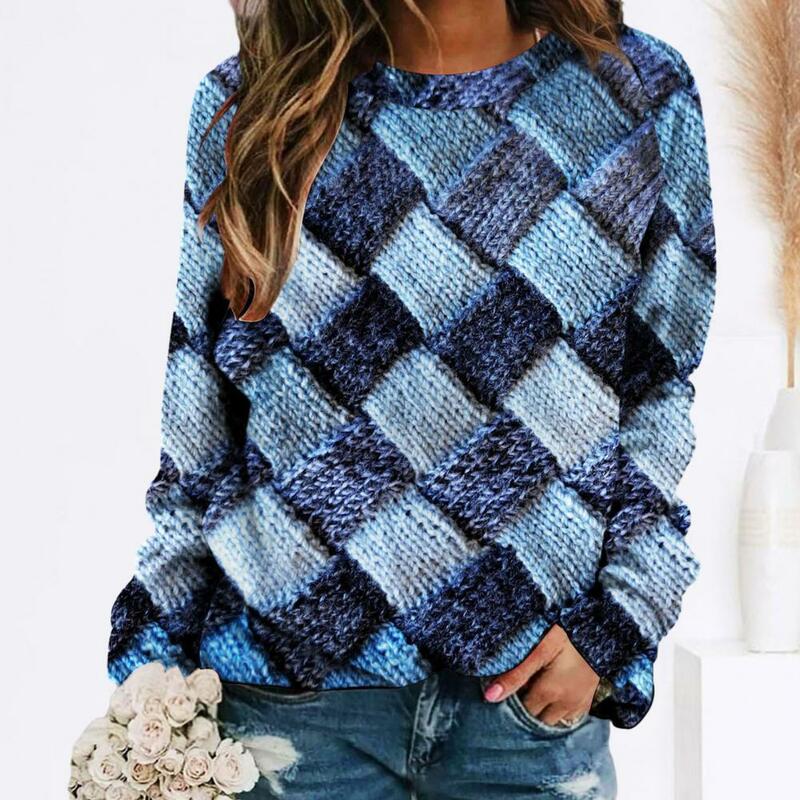 Blouse Colorful Print Round Neck Long Sleeve Loose Pullover for Women Retro Spring Top Sweater