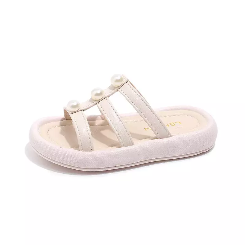 Children Casual Sandals Girls Summer Princess Slippers with Simple Pearls Kids Chic Beach Shoes for Vacation Elegant Temperament