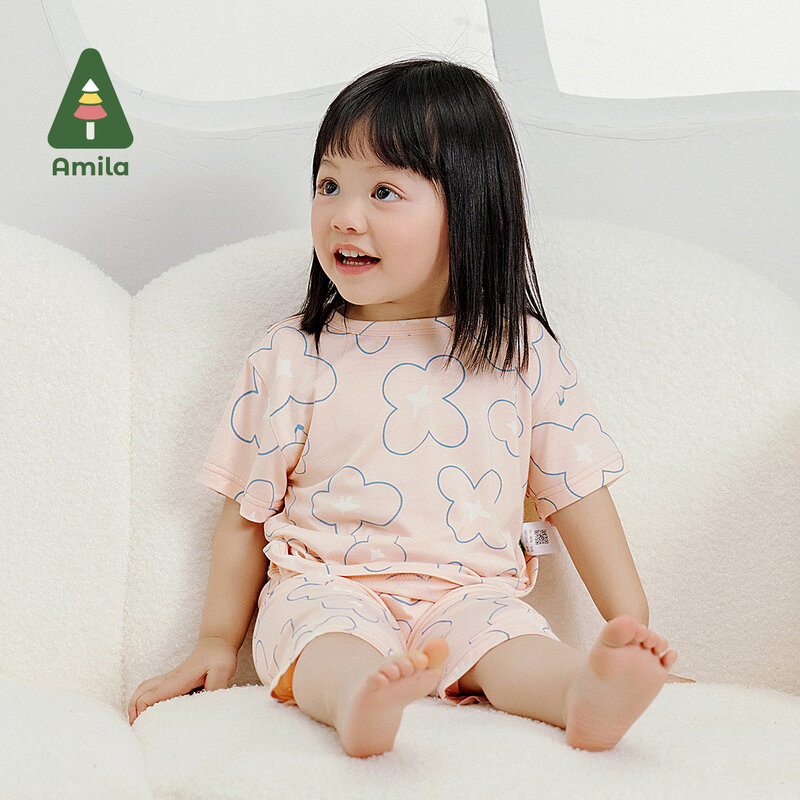 Комплект для маленьких девочек Amila, Новинка лета 2024, штаны и короткие рукава с принтом, домашний комплект, приятные на ощупь дышащие детские пижамы