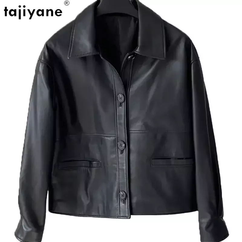 Tajeyane-chaqueta de cuero genuino para mujer, abrigo de piel de oveja de un solo pecho, chaquetas de cuero con cuello cuadrado, abrigos de motorista Retro