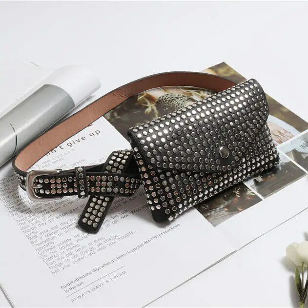 Cinturón con remaches personalizados para mujer, miniriñonera con incrustaciones, Cuadrado Horizontal, estilo motocicleta, a la moda
