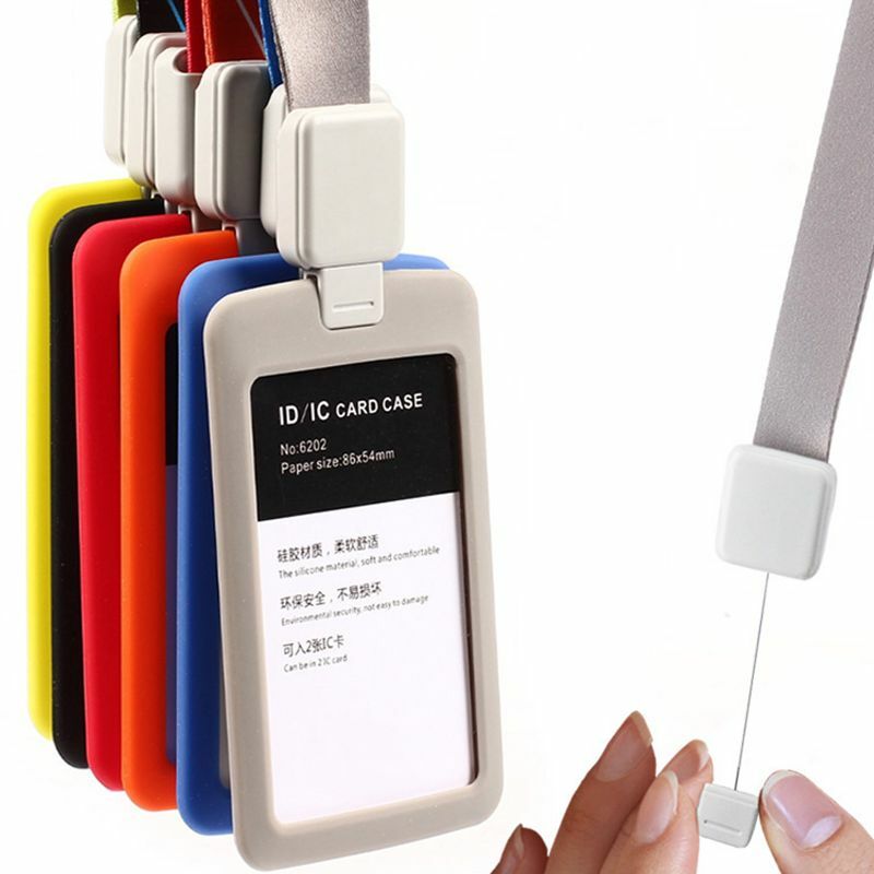 Suporte de crachá acrílico transparente com estojo de silicone, cordão retrátil, identificação vertical e suporte de crédito, cartão de carga dois