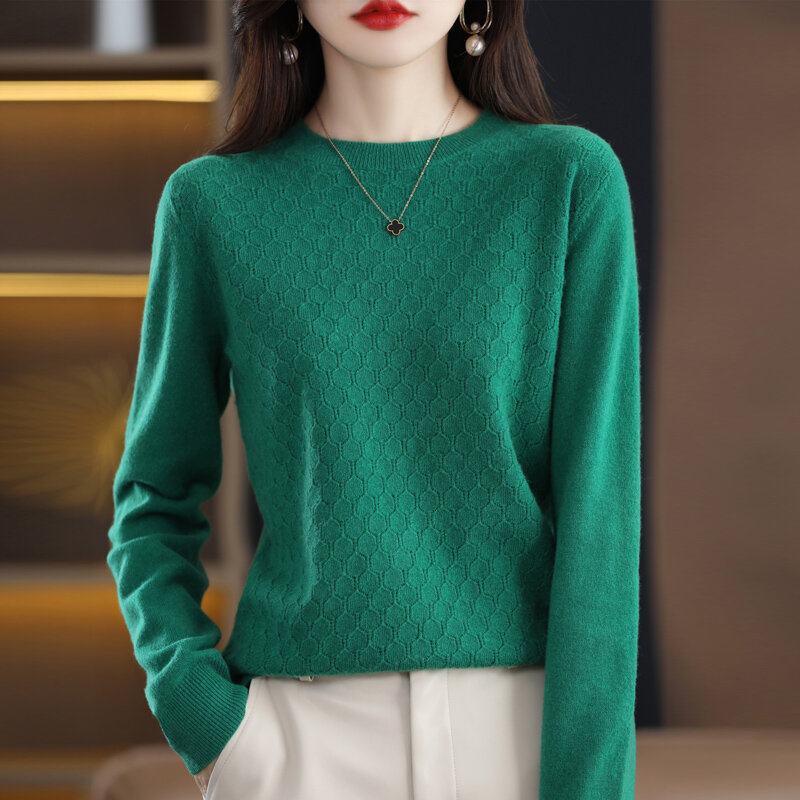 Suéter de lana pura ahuecado para mujer, Jersey holgado de estilo extranjero con cuello redondo que combina con todo, camisa fina de punto, 2022