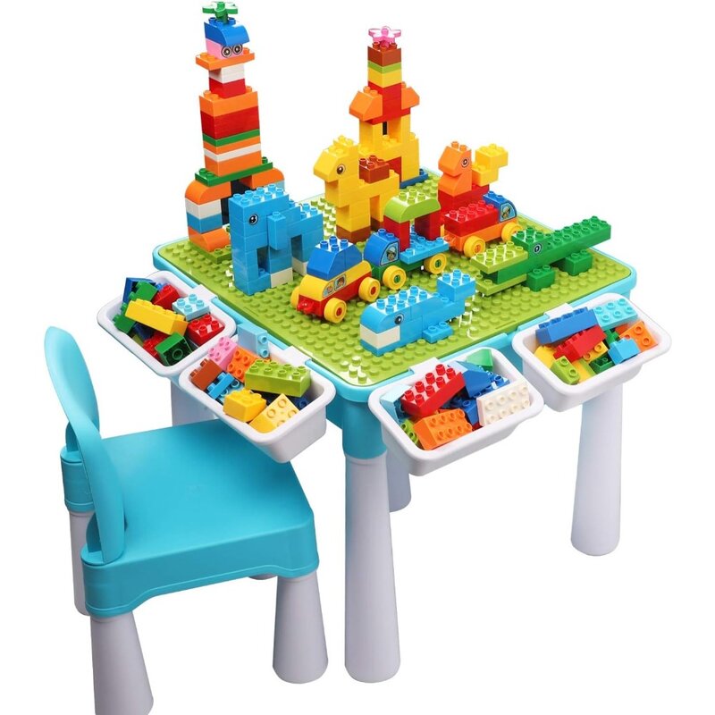 Juego de mesa de actividades múltiples 5 en 1 para niños, mesa de bloques de construcción con almacenamiento, mesa de juego