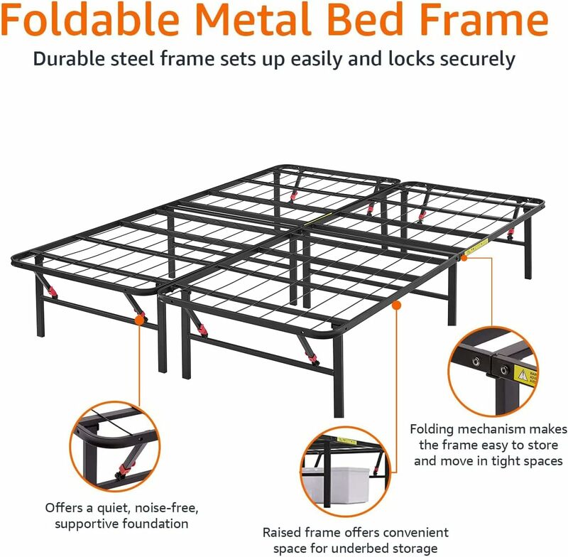 Basics Foldable Metal Platform Bed Frame with Tool Free Setup, 14/18 Inches High, Sturdy Steel Frame, No Box Spring Needed