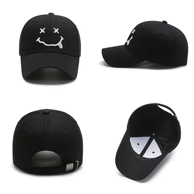 หมวกเบสบอลปักลายหน้ายิ้มของผู้หญิงหมวกสีดำผ้าฝ้าย kpop ปรับได้หมวกตลกฮิปฮอปฤดูใบไม้ร่วงหมวกพ่อดวงอาทิตย์สำหรับผู้ชาย