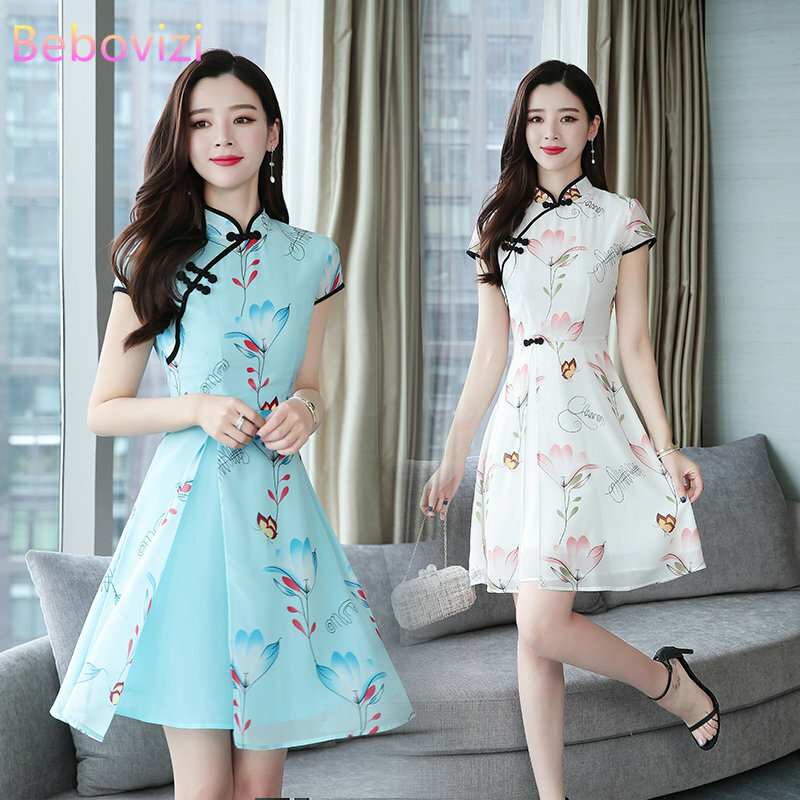 2023 여름 새로운 현대 개선 Cheongsam 쉬폰 인쇄 빈티지 전통 중국 스타일 슬림 Qipao 드레스