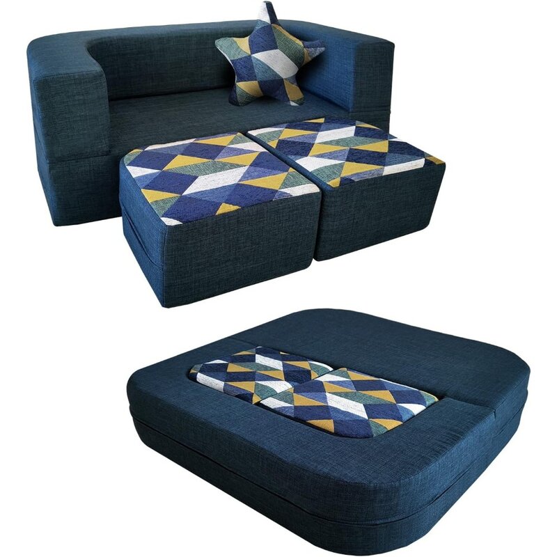 Couch Convertible Toddler Sofa 4pcs With Memory Foam Fold Out Kids Sofa Bed Children's Sofas Dark Blue Mini Furniture