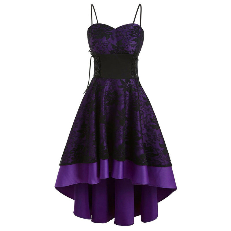 Gaun musim gugur untuk wanita tali Spaghetti bordir renda gaun pesta Prom Rockabilly ayun Hi-lo Dresses Dress