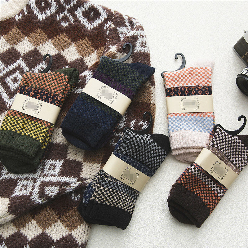5 pares de calcetines de lana cálidos para hombre, calcetines de esquí de estilo étnico retro, cuadrados, de tubo medio, Otoño e Invierno