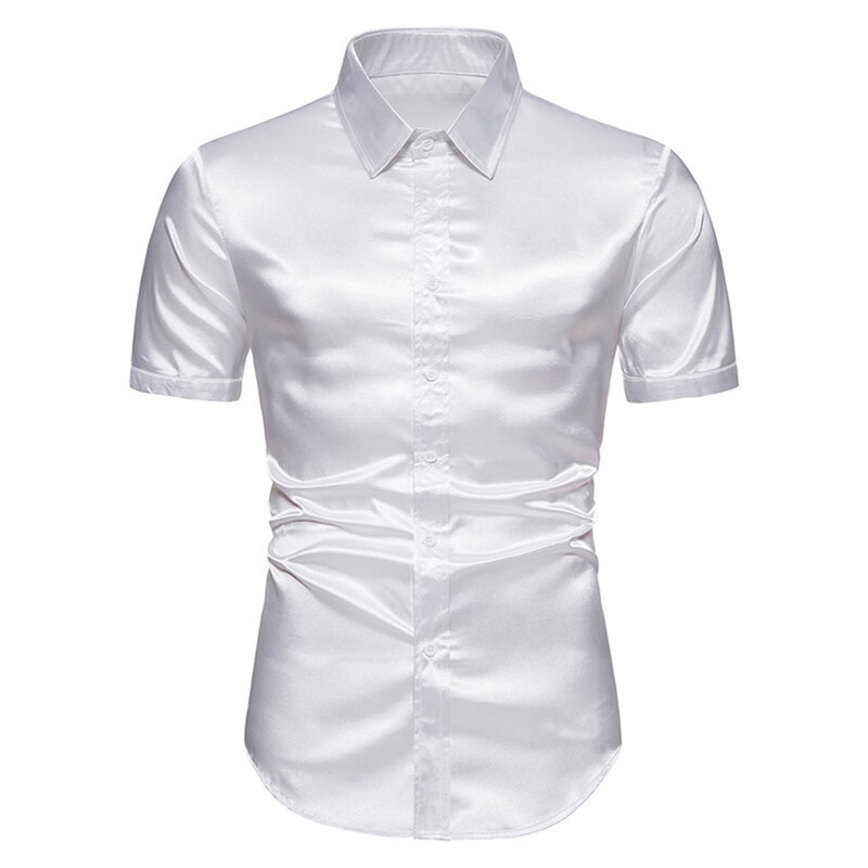 Мужская повседневная шелковая рубашка, Легкий эластичный однотонный топ, смокинг для свадьбы, выпускного вечера, Повседневная Удобная атласная рубашка с лацканами, лето
