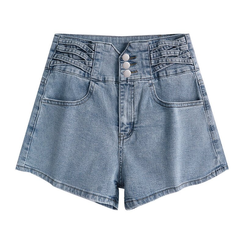 Pantalones cortos de mezclilla de talla grande para mujer, cortos de Vaqueros cintura alta, ajustados, de un solo pecho, informales, de verano