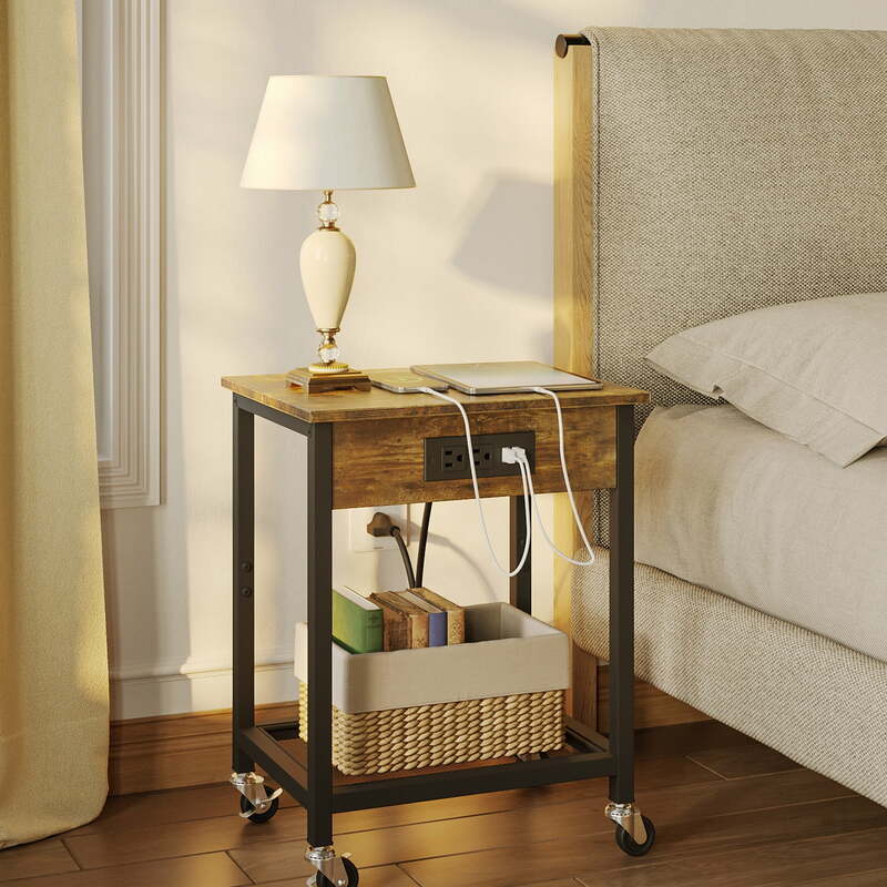 TC-HOMENY End Table with Charging Station & USB Ports, Side Table with Wheels & Storage Shelf