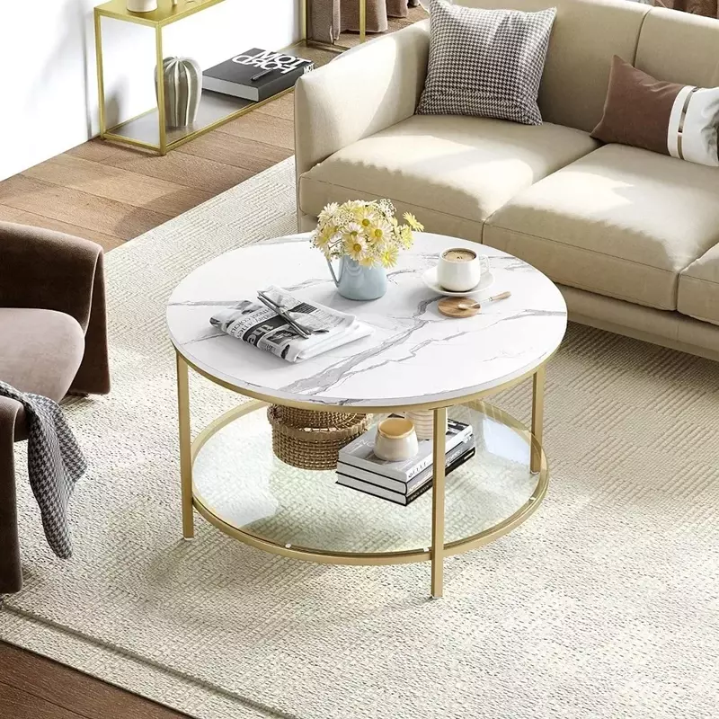 Mesa redonda com prateleira de vidro aberta, mesa de café de 2 camadas, mármore central, branco e dourado