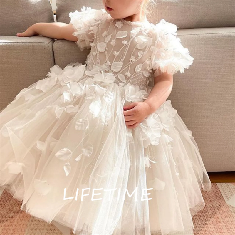 Applique White Flower Girl Dresses Birthday Lace Sweetheart Short Sleeves Ball Gown Knee Length Kids Fluffy Princess Dress 2022