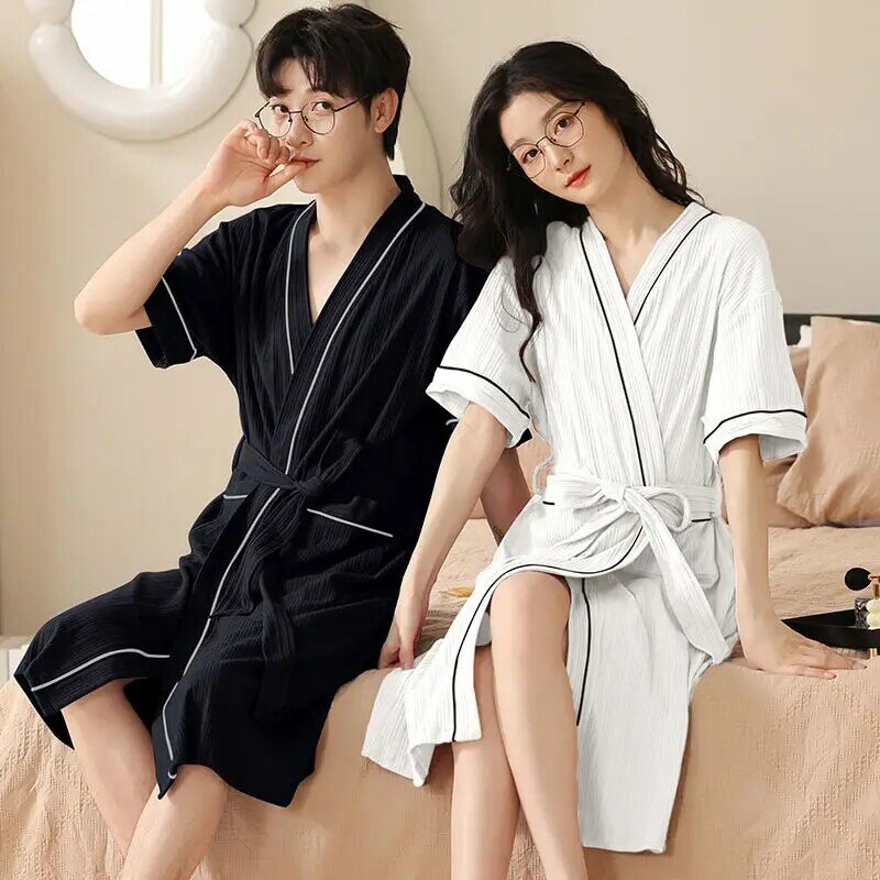 Pijama de algodón para hombre y mujer, camisón de manga corta, albornoz, cárdigan, ropa de casa, 2024
