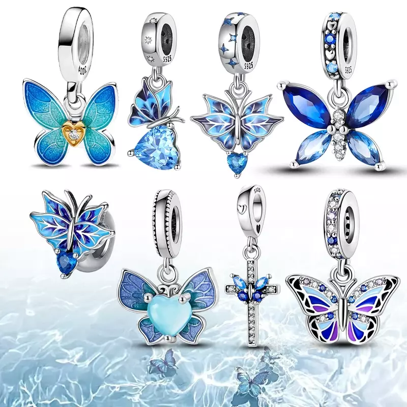 Breloque papillon bleu glace nickel é en argent regardé 925 pour femme, breloque pour bracelet Pandora original, bijoux perlés