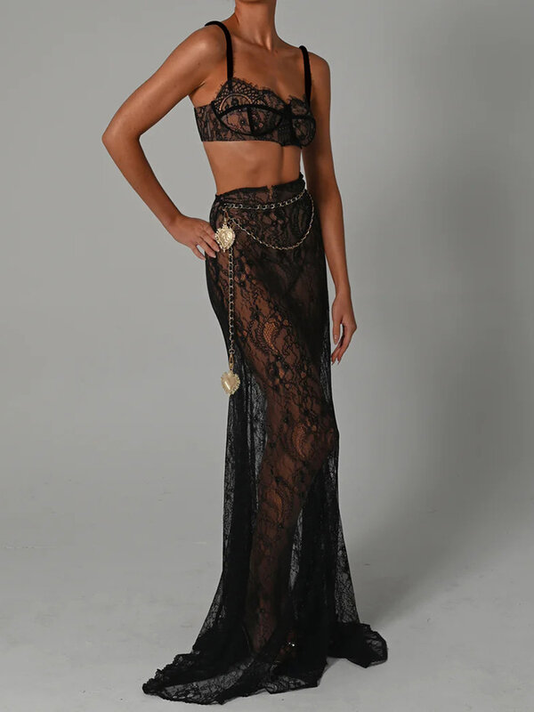 Mozision See Through Lace Two Piece Skirt Sets Women Crop Top And Maxi Skirt Sets Elegant Party Beach Sexy Two Piece Set