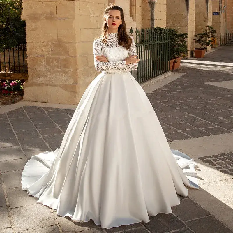 Gaun pernikahan modis gaun pengantin kerah tinggi jubah applique De Mariee lengan panjang A-line gaun pengantin pantai Vestido De Noiva untuk wanita 2024