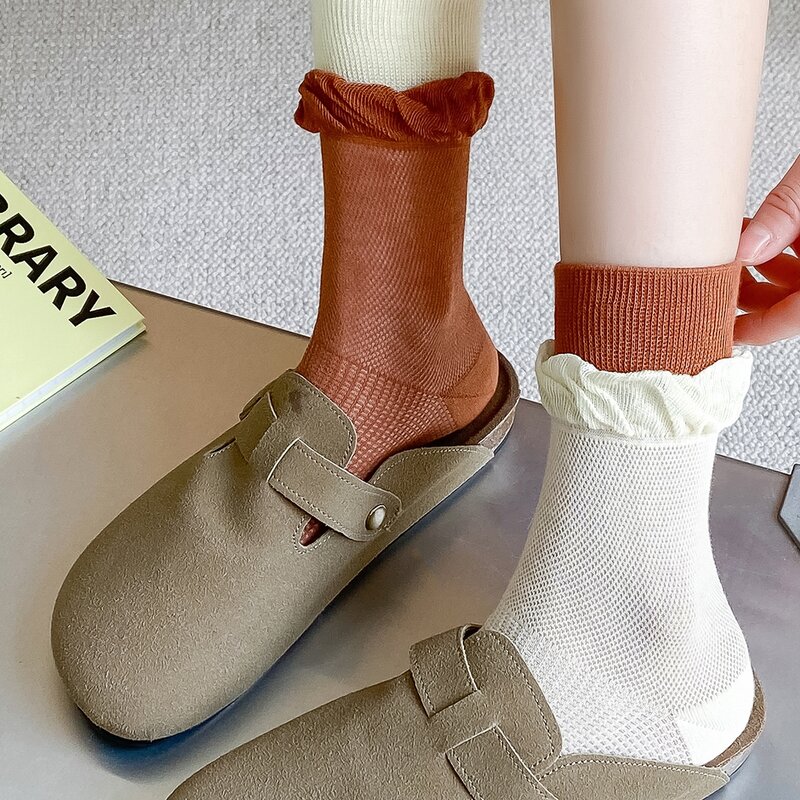 Calcetines cortos de algodón con volantes para mujer, medias antibacterianas de alta calidad, estilo Kawaii, gruesas, para fiesta en casa