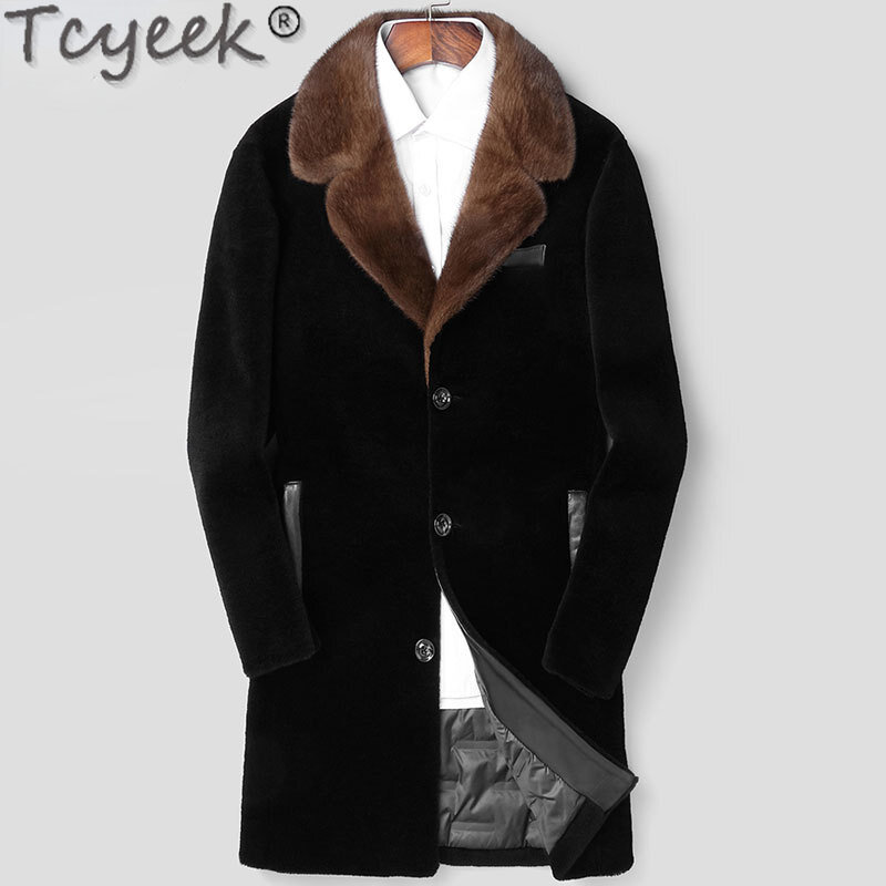 Tcyeek-Veste en laine mi-longue pour homme avec col imbibé de fourrure de vison, manteau en duvet pour homme, vestes en peau de mouton, mode d'hiver chaude, zones de vêtements pour homme