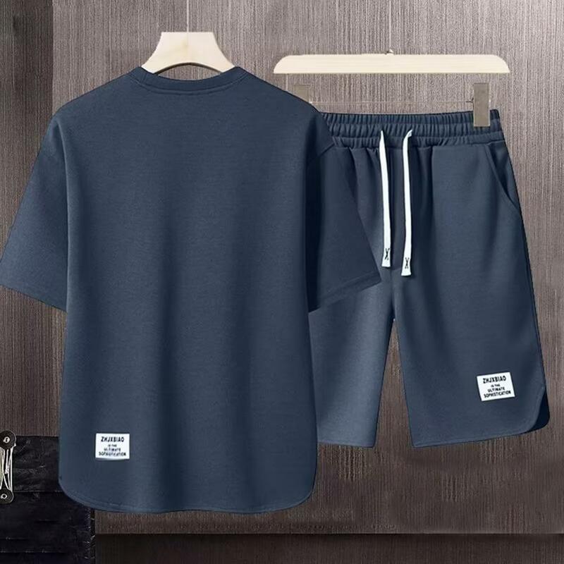 Conjunto Sportswear retro masculino, camiseta de seda gelo, calções de cintura com cordão, ajuste solto, cor sólida, ativo
