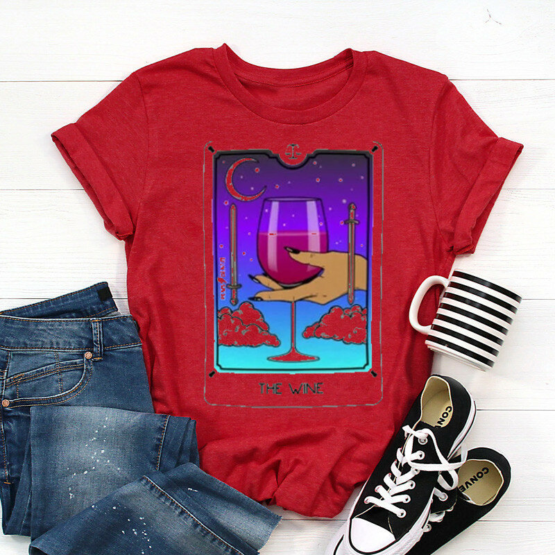 Wina karty do tarota koszulka fajne graficzne koszulka damska moda dziewczyna na co dzień wokół szyi kobieta dziewczyna Streetwear z krótkim rękawem koszulki
