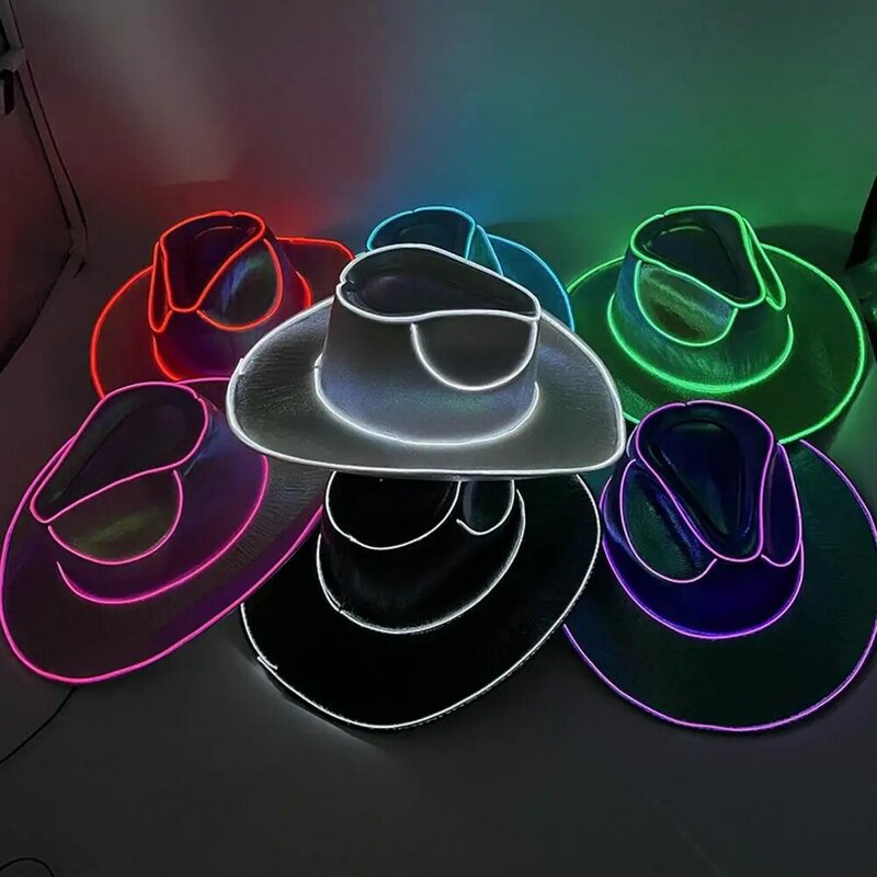 Wireless LED Cowboy Hat Colorful Disco Luminous Light Bar Cap Unisex Hip Hop Party Supplies Flashing Neon Western Cowgirl Hat