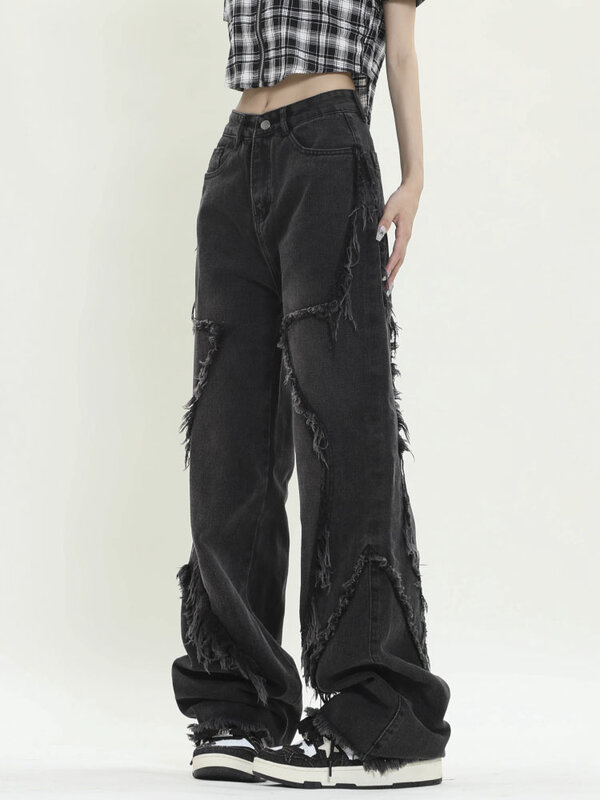 Pantalones vaqueros de cintura alta para mujer, ropa de calle de estilo americano, diseño de borde crudo, pierna ancha, holgados, combinan con todo