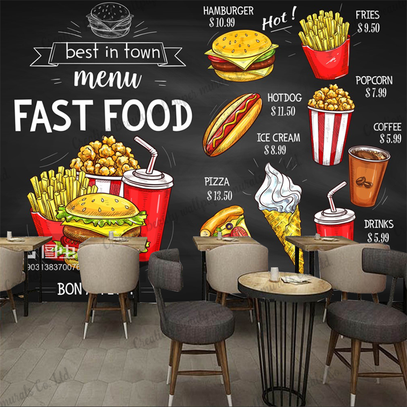 Papel De Parede De Decoração Industrial, Texto Personalizado, Papel De Parede De Quadro De Fast Food, Mural Hamburger Restaurante Snack Bar