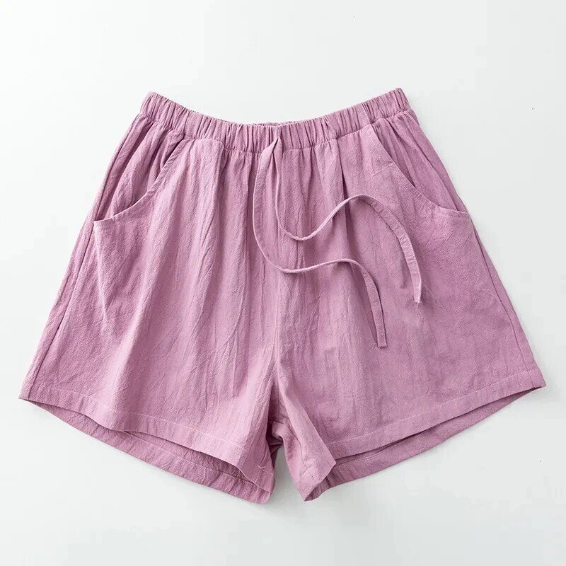 กางเกงขาสั้นผ้าลินินเอวสูงสำหรับเด็กผู้หญิง, กางเกงขาสั้นลำลองผ้าฝ้าย2024ผ้าฝ้ายสีทึบแบบลำลองฤดูร้อน