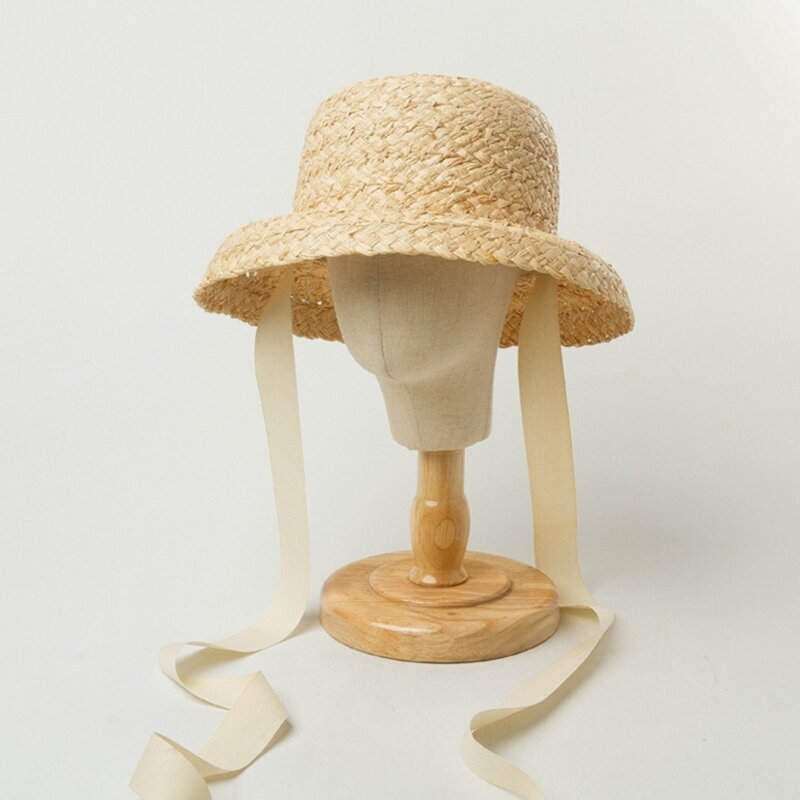 Straw Cap for Kids Girl Vintage Wide Brim  Hat Breathable Sunproof Bucket Hat Child Outdoor Beach Headwear Visor-Cap