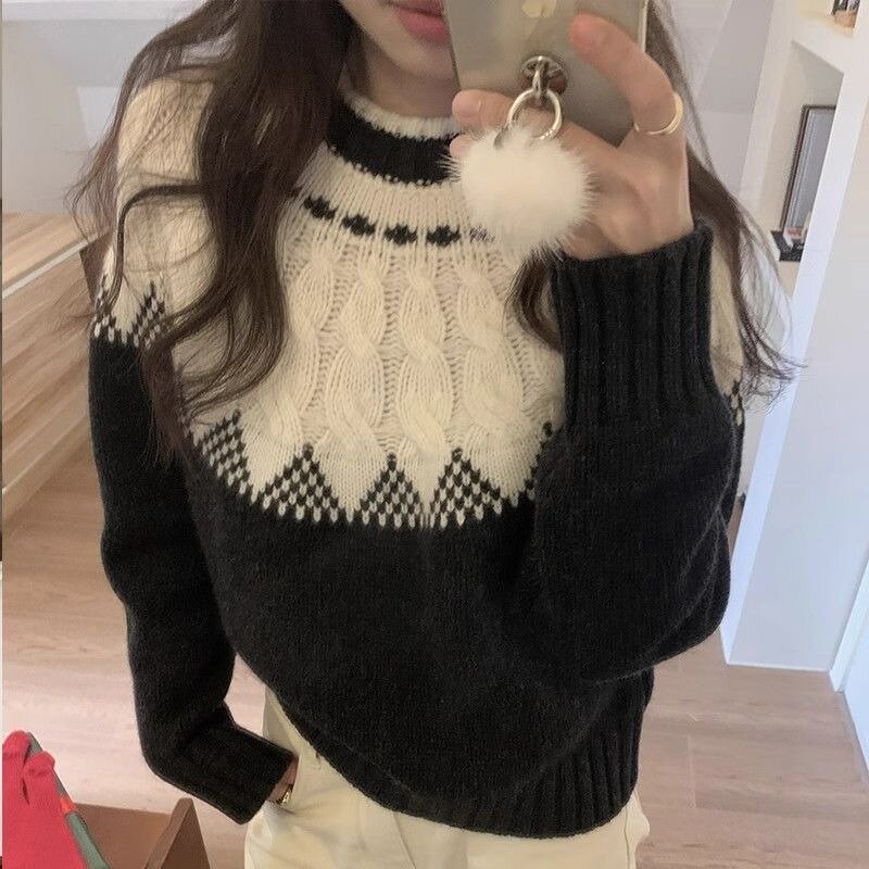 New Year Popular Contrast Red Twisted Pullovers Female Merry Christmas High-grade Sense Beautiful Sweater Women's Clothing Top