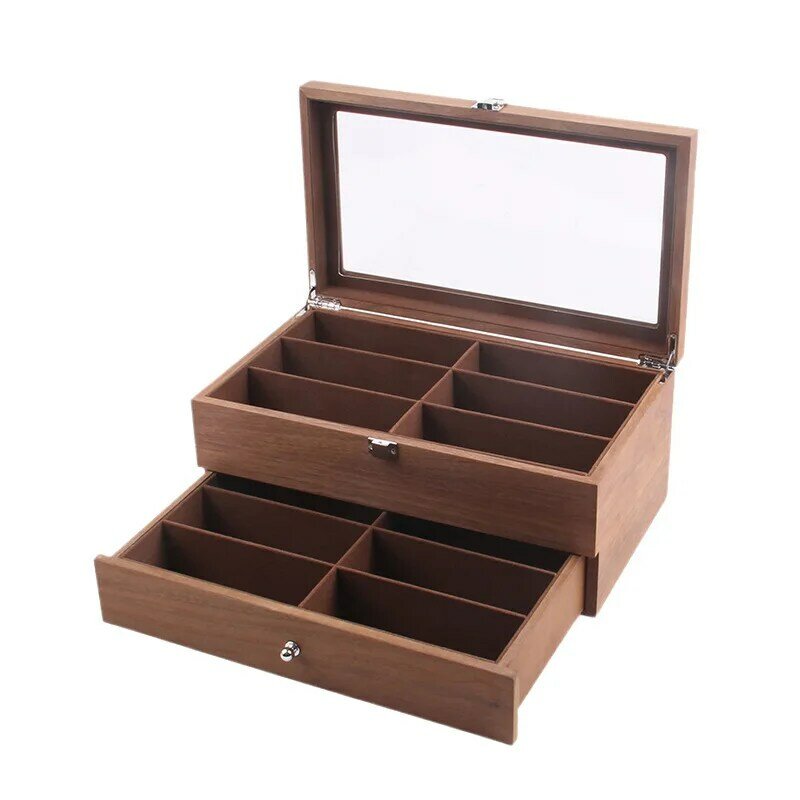 Двухслойная деревянная коробка для хранения очков в стиле ретро, 12 ячеек, Деревянный чехол для ювелирных изделий, солнцезащитных очков, орг...