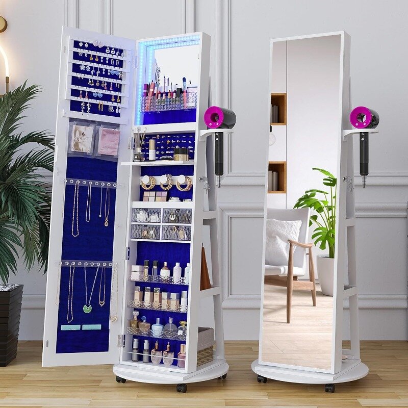 360° Rotating Jewelry Cabinet with Lights, Full Length Mirror with Jewelry Storage, Lockable Standing Jewelry Armoire Organizer,