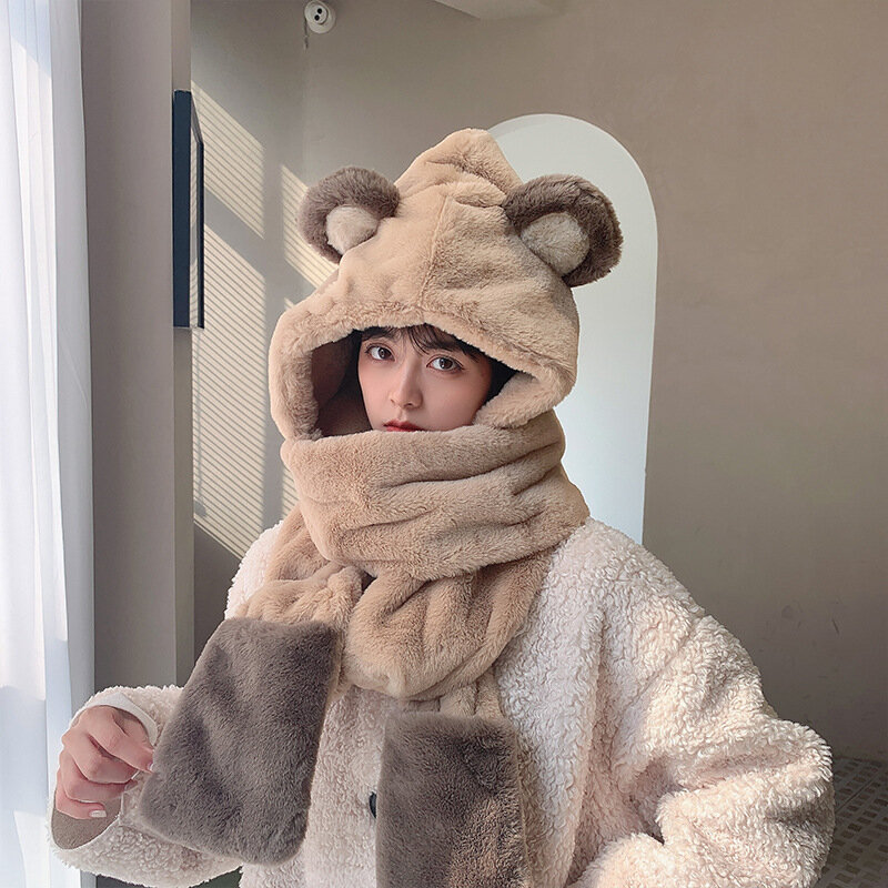 Bear Ear Protection Hat women's Autumn And Winter Cute Winter Plush Scarf Hooded all-in-one Versatile Warm Free Shipping