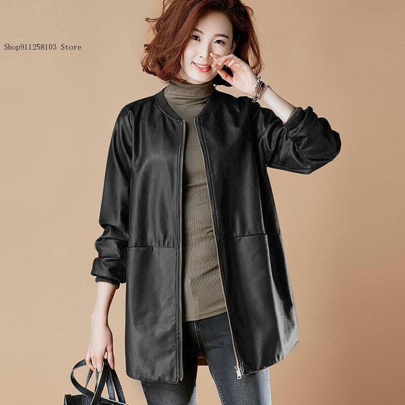 Spring and Autumn Mid-Length Leather Jacket Pu Baseball Suit Women Commuter Style Loose Faux Leather Jacket