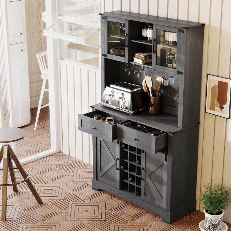 ARTPOWER Farmhouse Buffet Cabinet con Hutch e cassetti, 72 "Wine Bar Cabinet con porta scorrevole del fienile